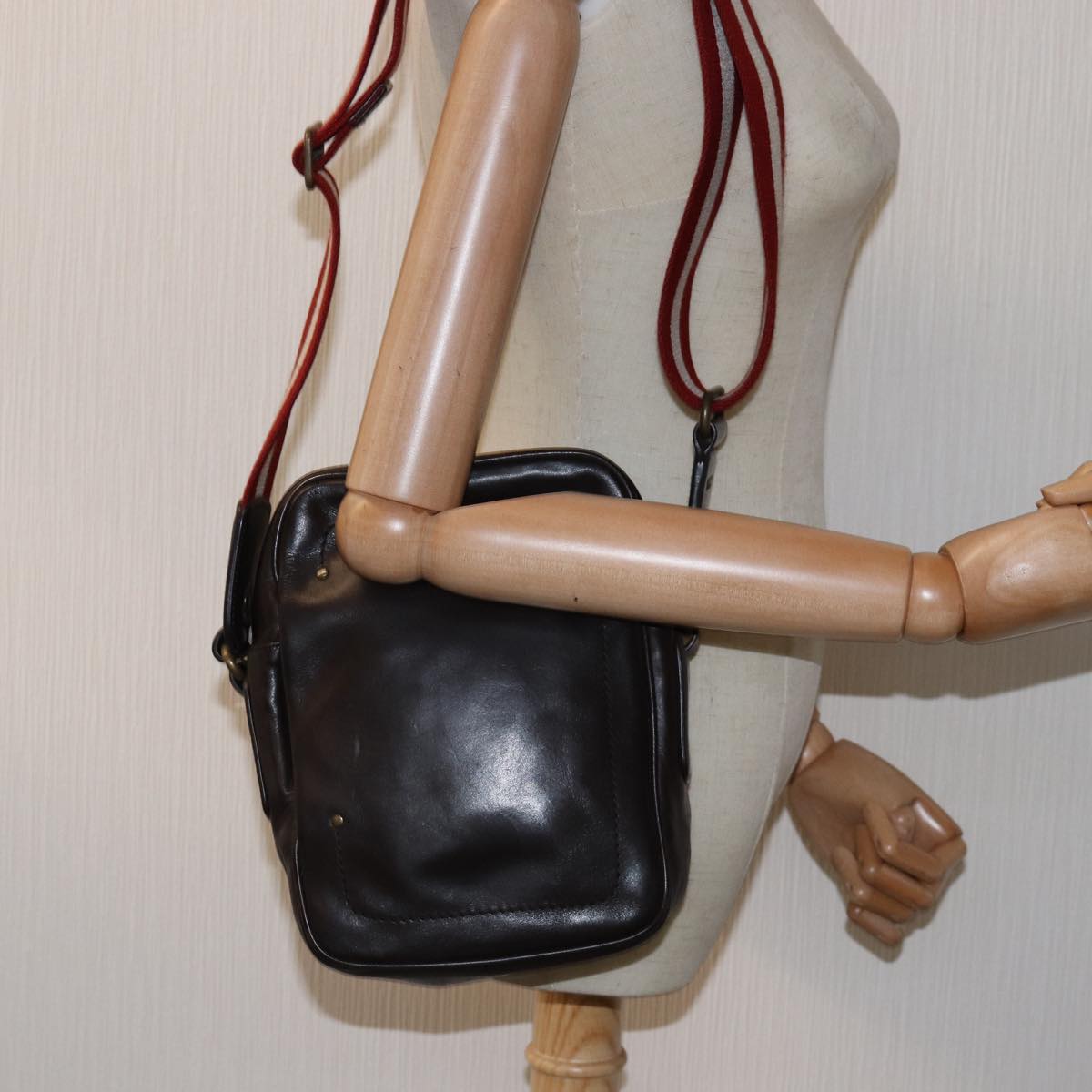 BALLY Shoulder Bag Leather Black Red white Auth bs14555