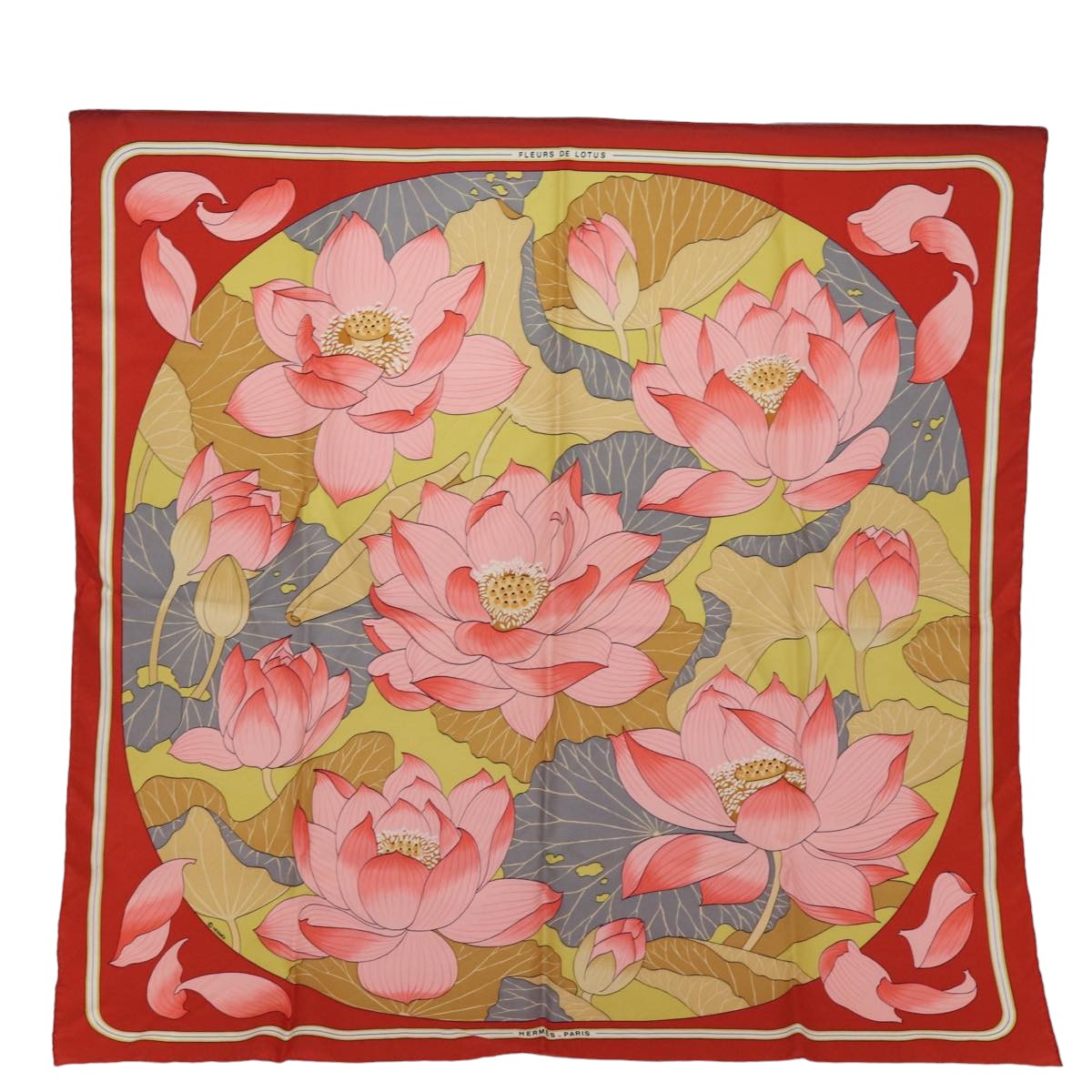 HERMES Carre 90 Scarf ”FLEURS DE LOTUS” Silk Red Auth bs14588