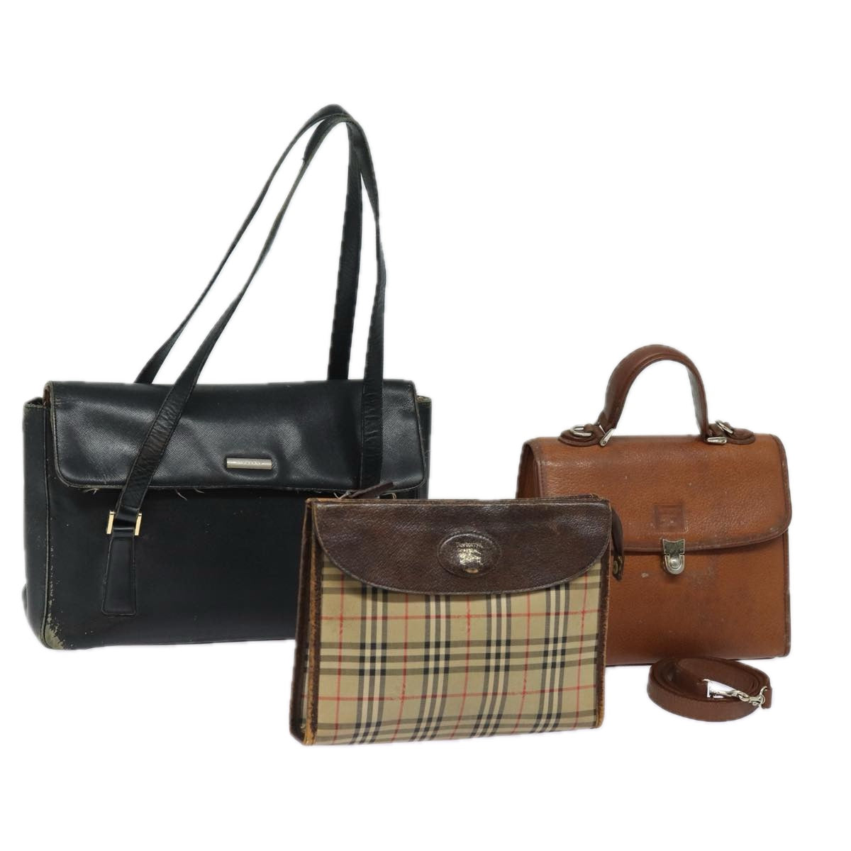 BURBERRY Nova Check Hand Bag Leather 3Set Beige Black Brown Auth bs14605