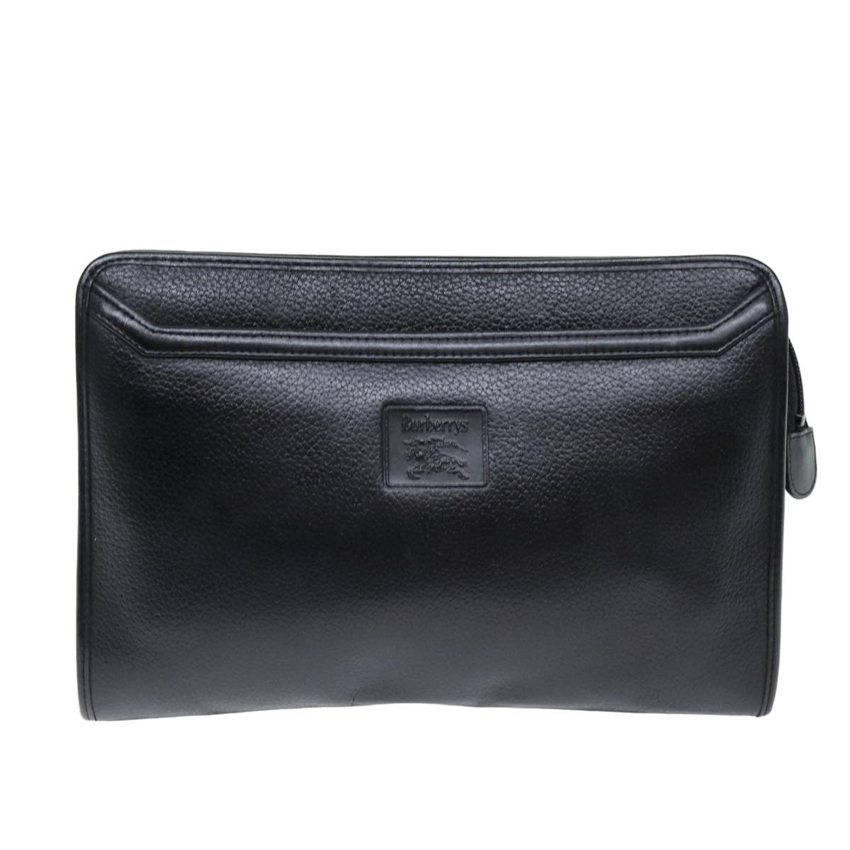 Burberrys Clutch Bag Leather Black Auth bs14647