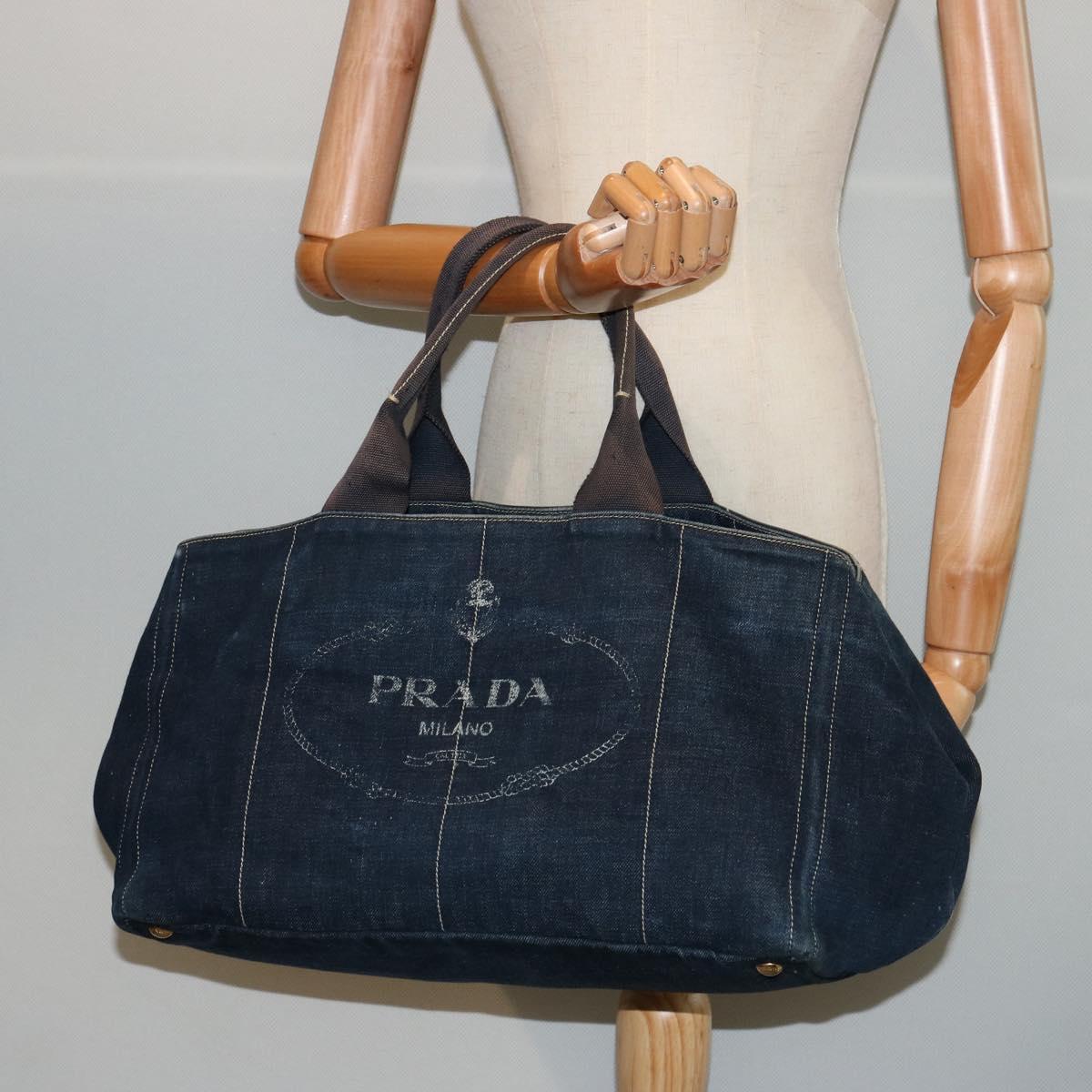 PRADA Canapa GM Hand Bag Denim Blue Auth bs14686