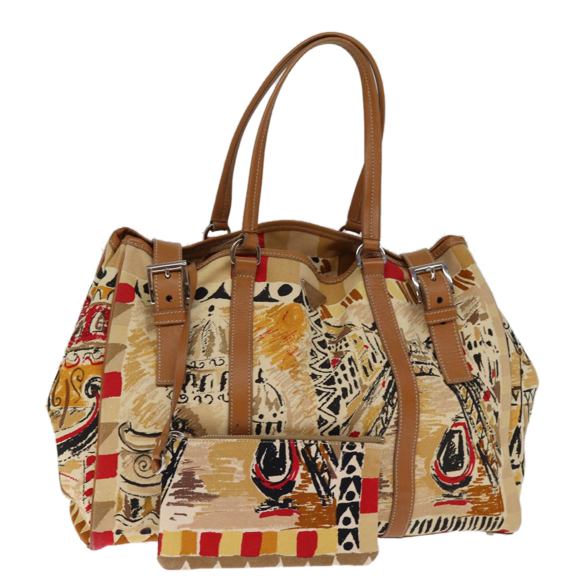 PRADA Hand Bag Canvas Beige Auth bs14687