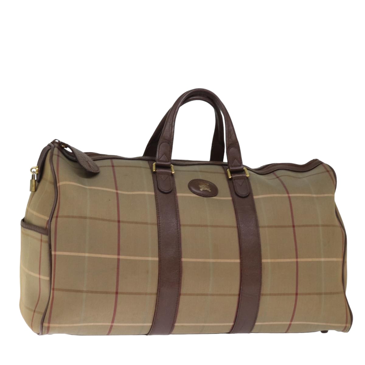 Burberrys Nova Check Boston Bag Canvas Beige Auth bs14693