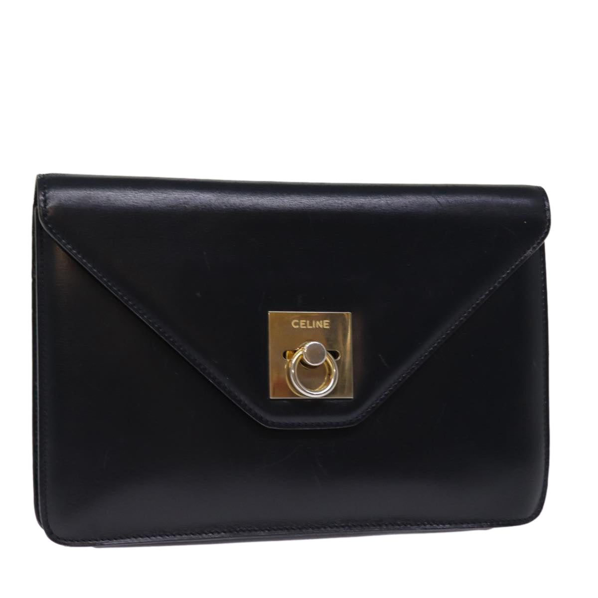 CELINE Clutch Bag Leather Black Auth bs14709