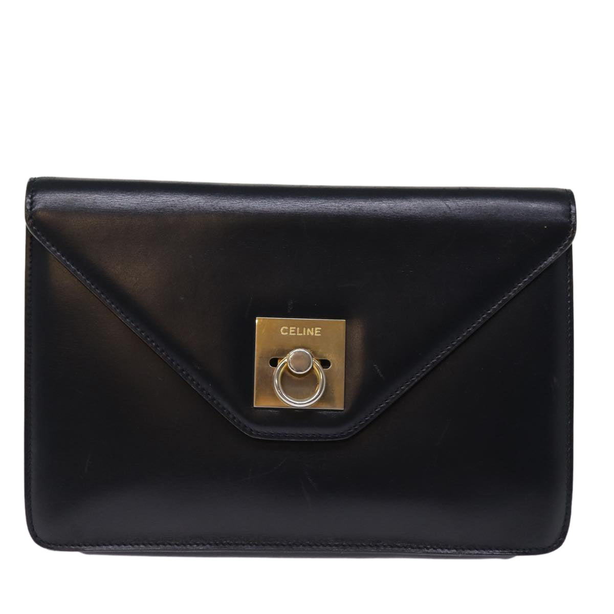 CELINE Clutch Bag Leather Black Auth bs14709