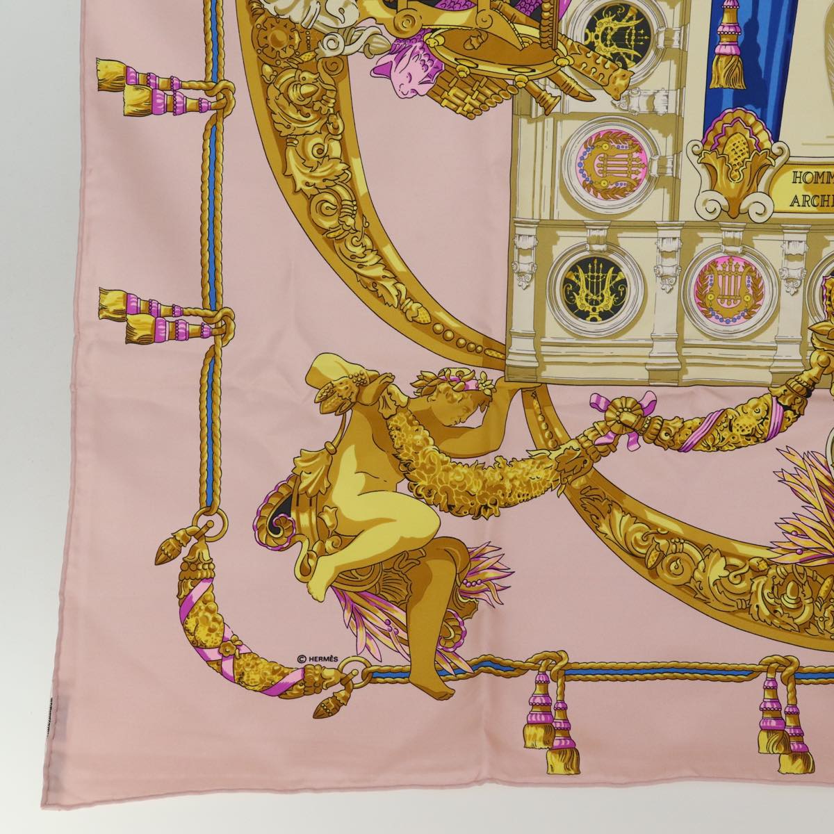 HERMES Carre 90 Scarf ""HOMMAGE A CHARLES GARNIER"" Silk Pink Auth bs14777