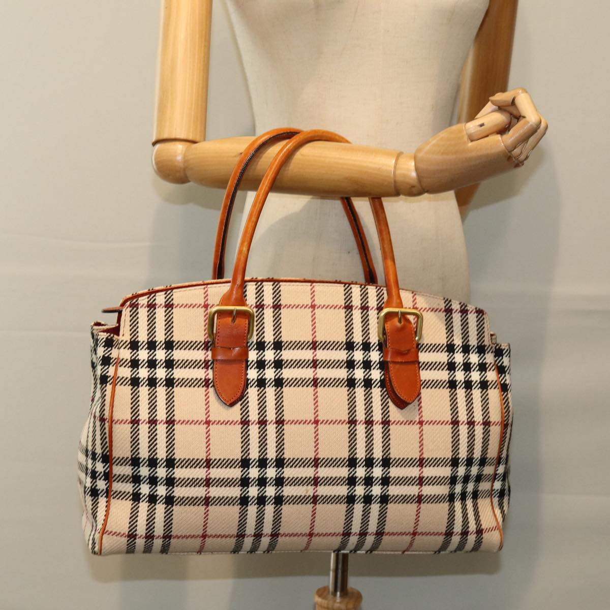 BURBERRY Nova Check Hand Bag Canvas Beige Auth bs14828