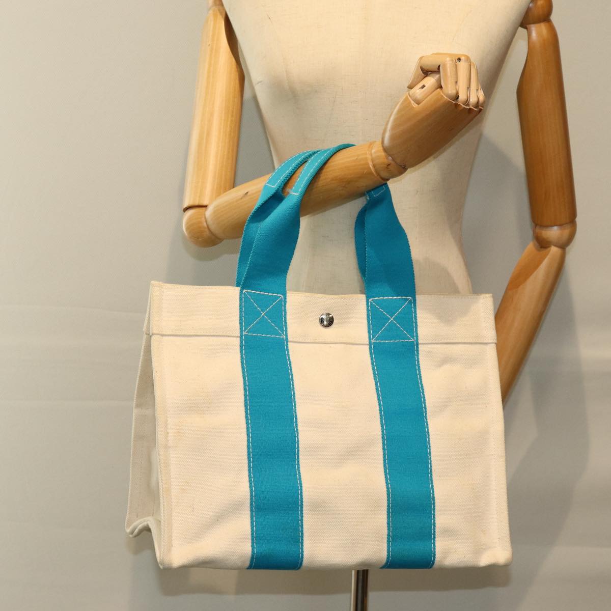 HERMES Bora Bora PM Tote Bag Canvas Light Blue White Auth bs14840