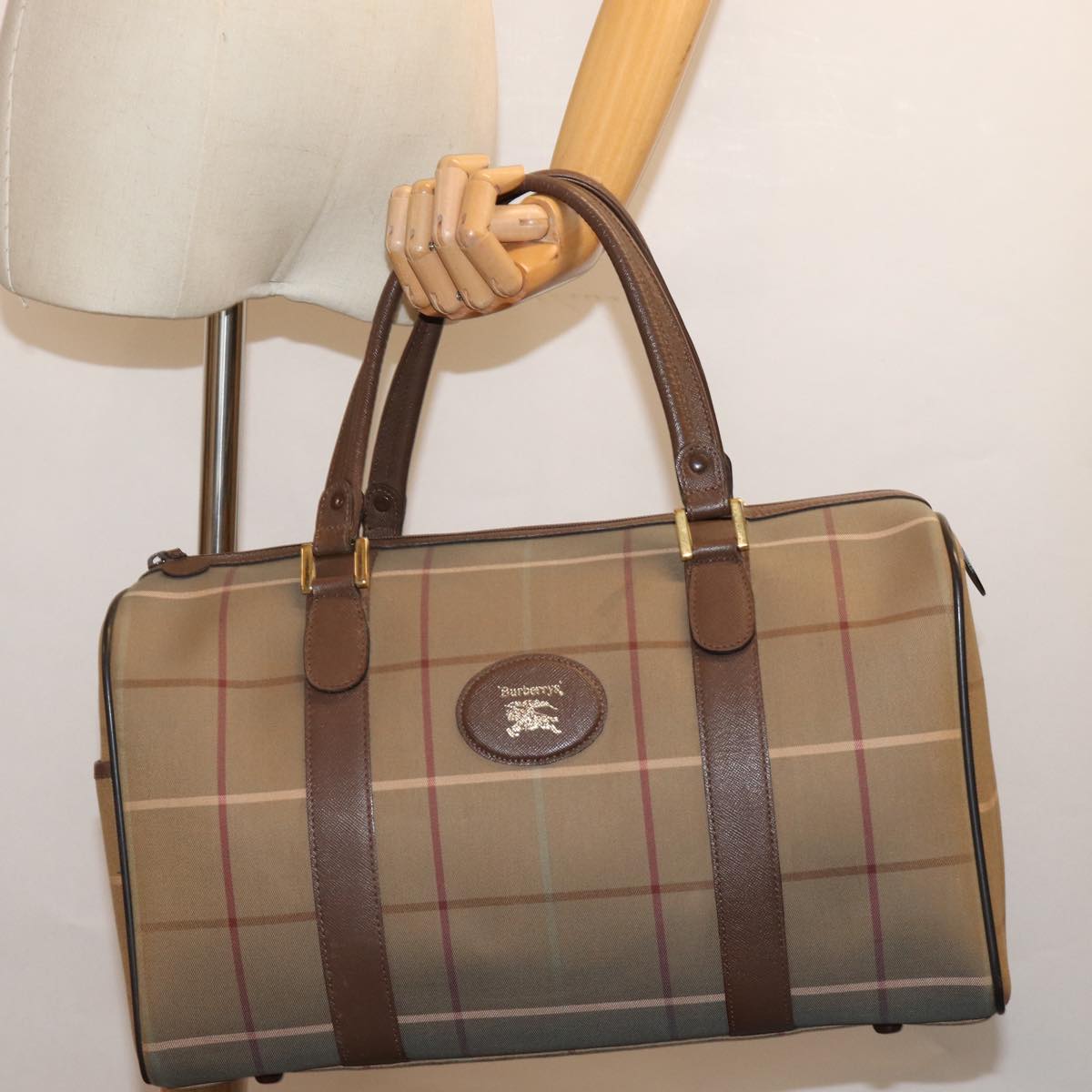 Burberrys Nova Check Boston Bag Canvas Khaki Auth bs14854