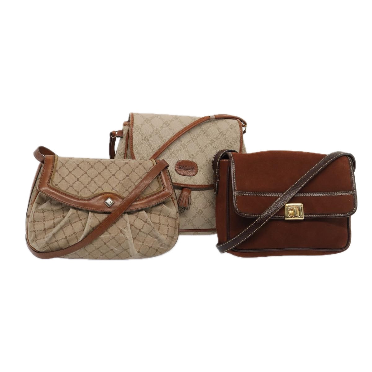 BALLY Shoulder Bag Leather 3Set Beige Brown Auth bs14875