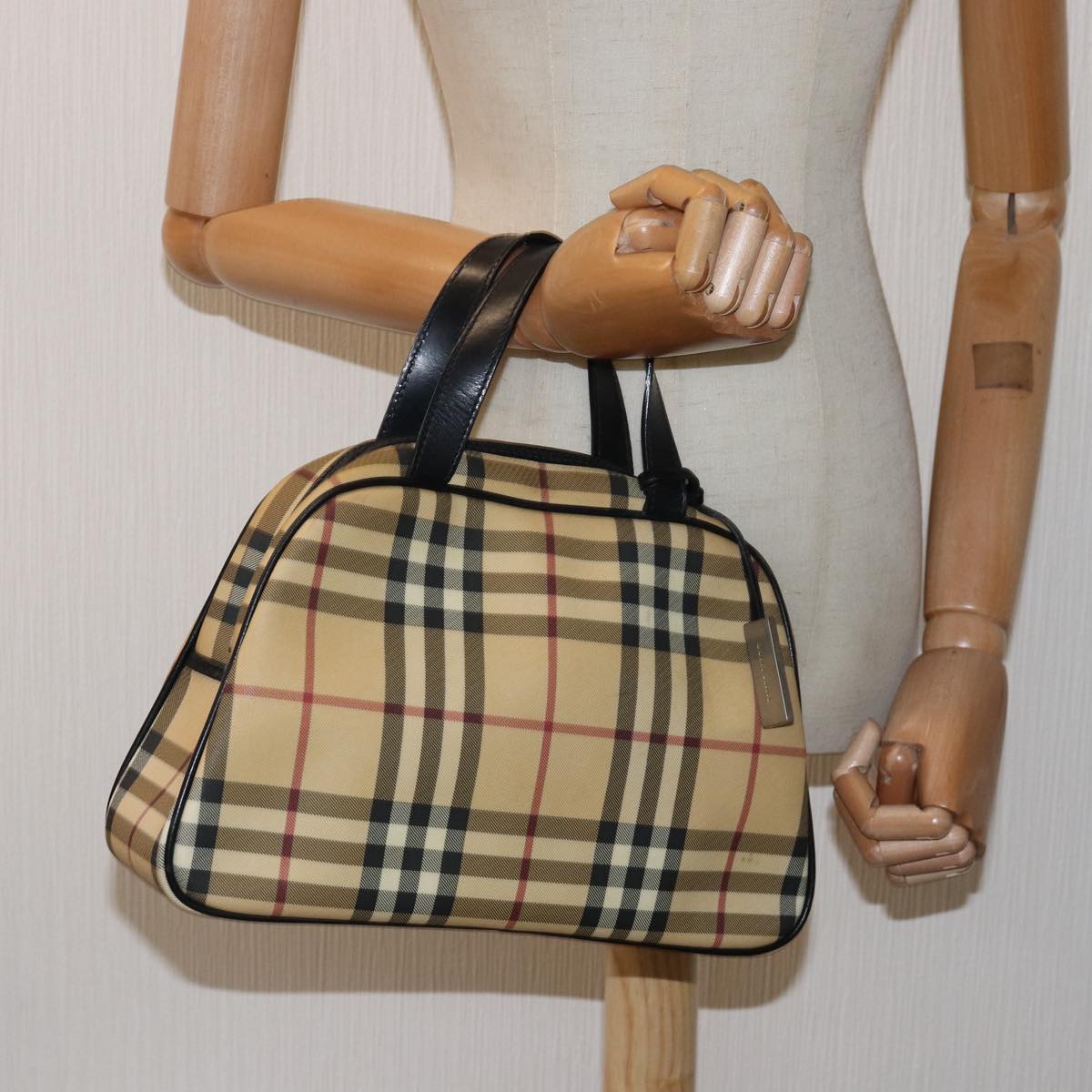 BURBERRY Nova Check Hand Bag Coated Canvas Beige Auth bs14901