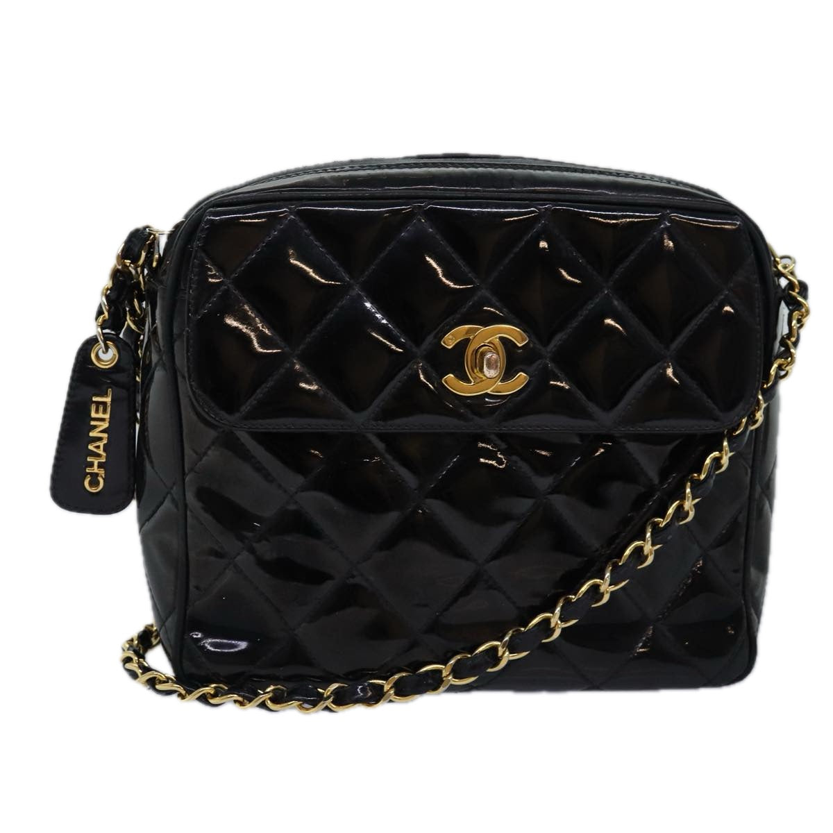 CHANEL Matelasse Turn Lock Chain Shoulder Bag Enamel Black CC Auth bs14917