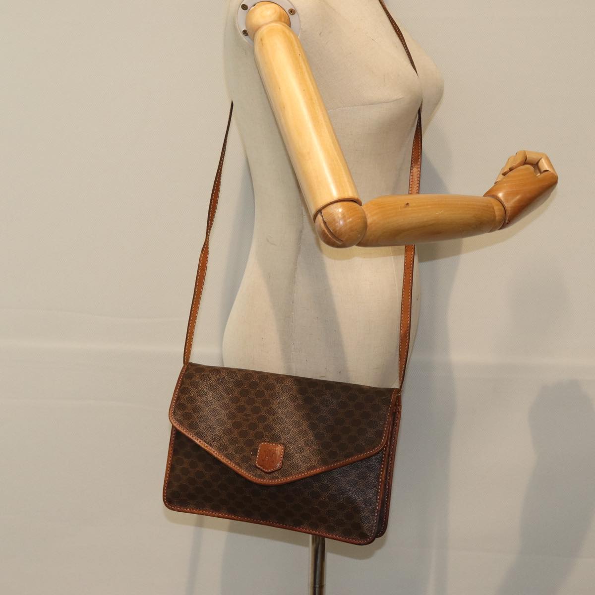 CELINE Macadam Canvas Shoulder Bag PVC Leather Brown Auth bs14939