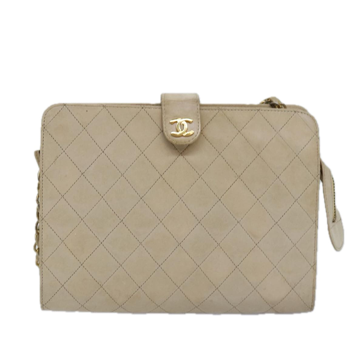 CHANEL Matelasse Chain Shoulder Bag Lamb Skin Beige CC Auth bs14983