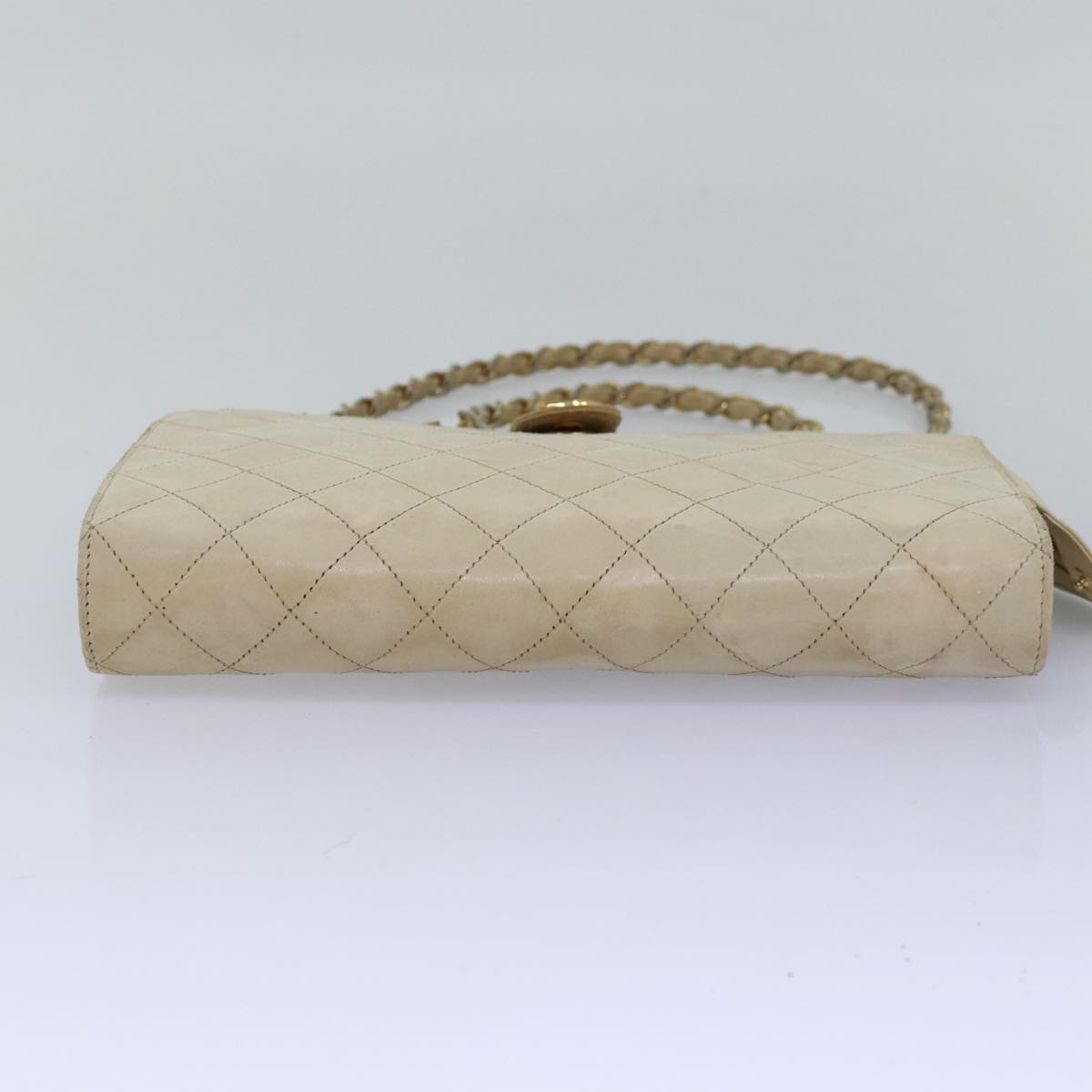 CHANEL Matelasse Chain Shoulder Bag Lamb Skin Beige CC Auth bs14983