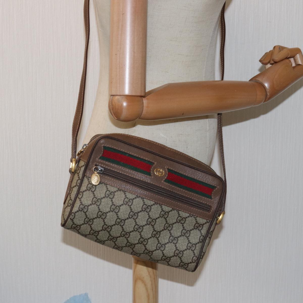 GUCCI GG Supreme Web Sherry Line Shoulder Bag PVC Beige 001 50 6655 Auth bs14987