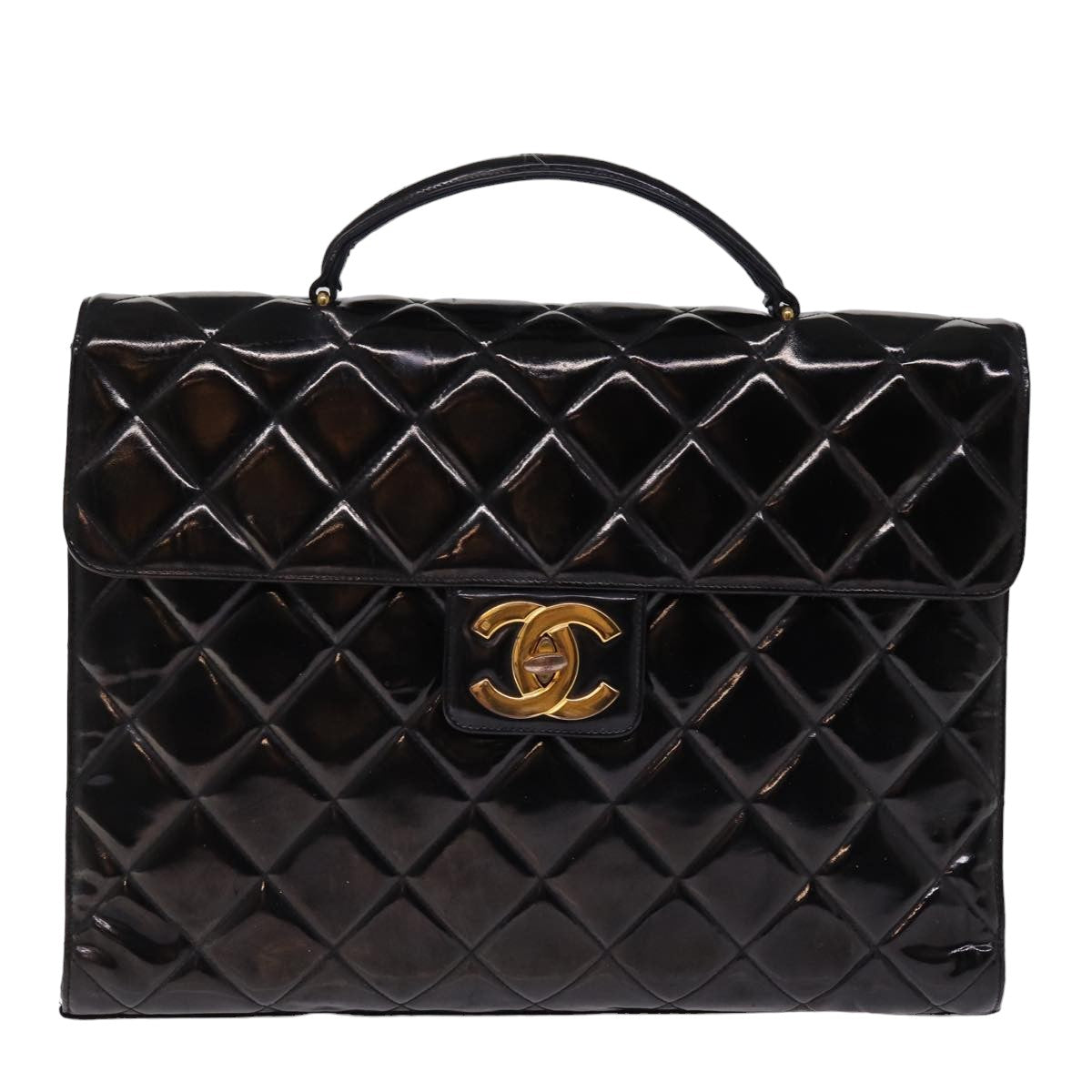 CHANEL Matelasse Briefcase Enamel Black CC Auth bs15000