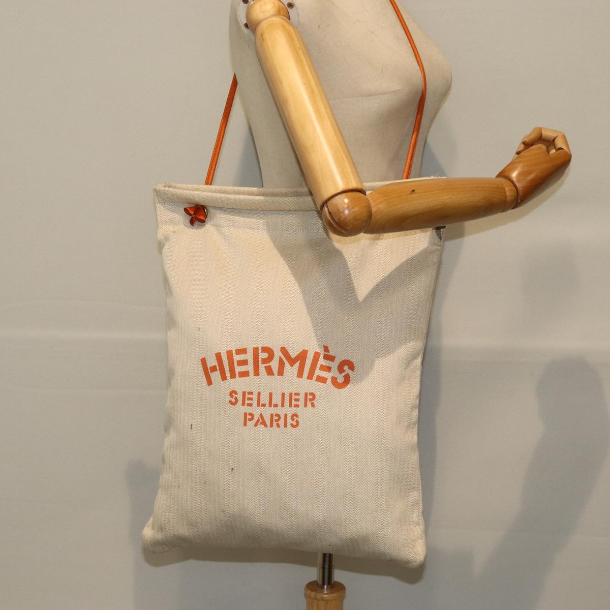 HERMES Alain GM Shoulder Bag Canvas Beige Auth bs15004