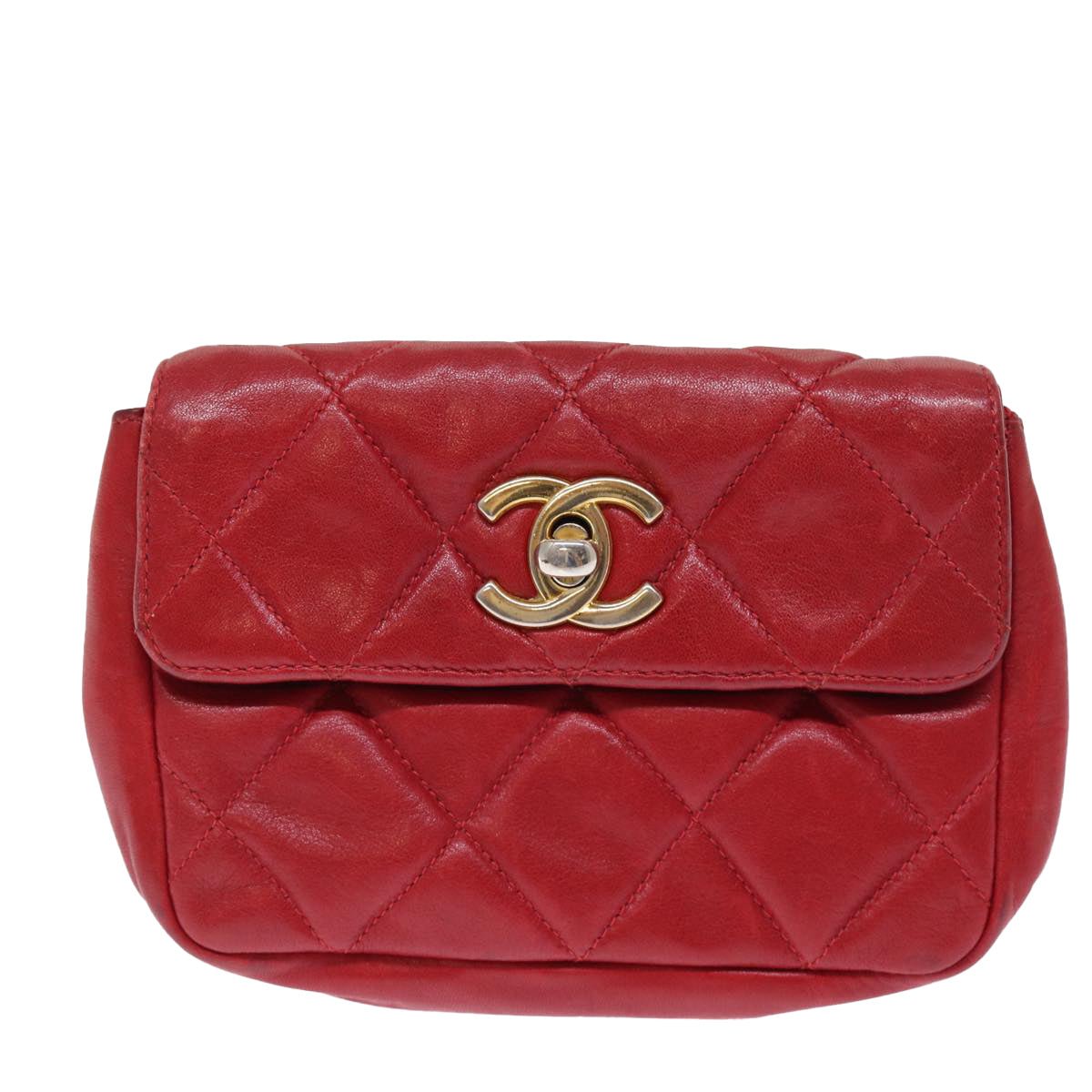 CHANEL Matelasse Waist bag Lamb Skin Red CC Auth bs15006