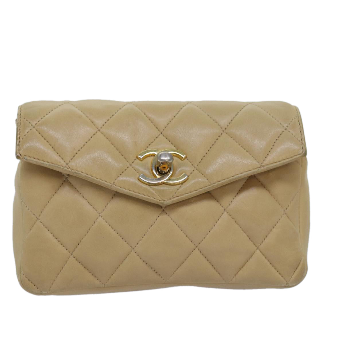 CHANEL Matelasse Waist bag Lamb Skin Beige CC Auth bs15008