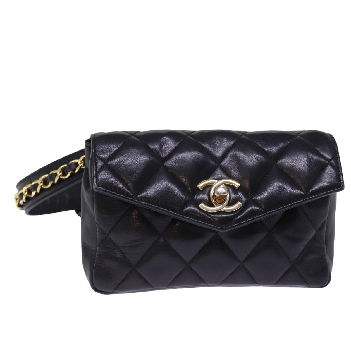 CHANEL Matelasse Waist bag Lamb Skin Black CC Auth bs15009