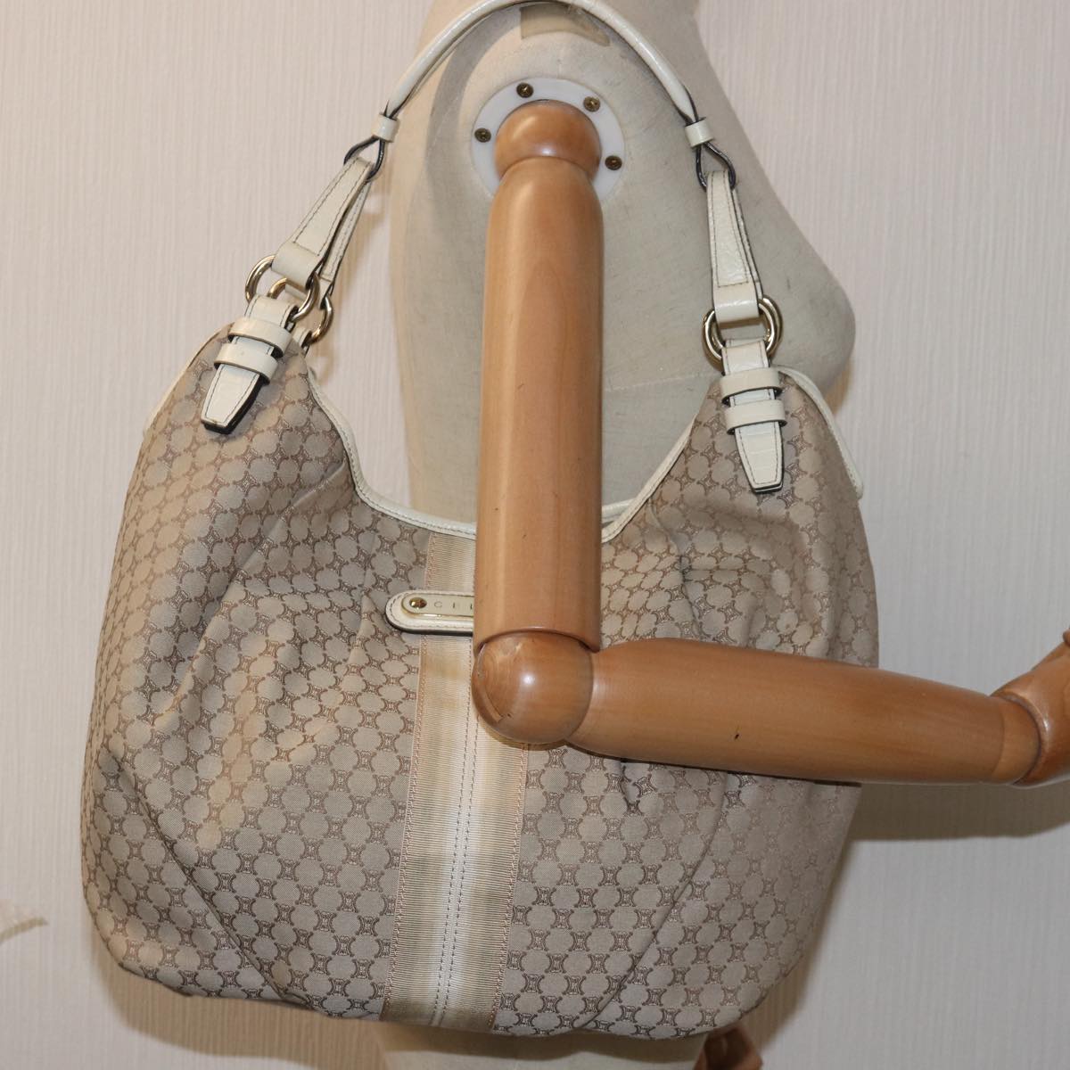 CELINE Macadam Canvas Shoulder Bag Beige Auth bs15019