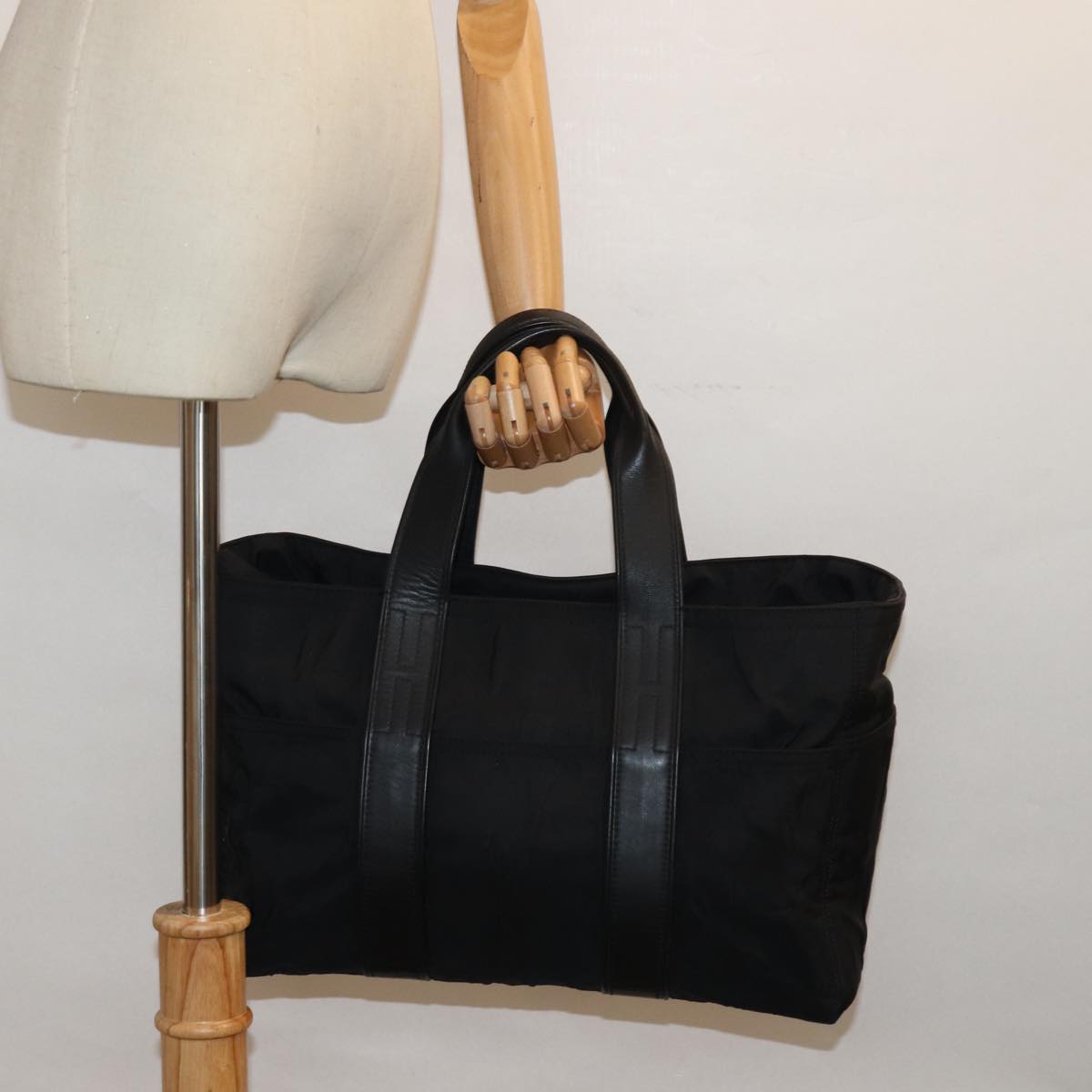 HERMES Akapu Luco MM Tote Bag Nylon Black Auth bs15031