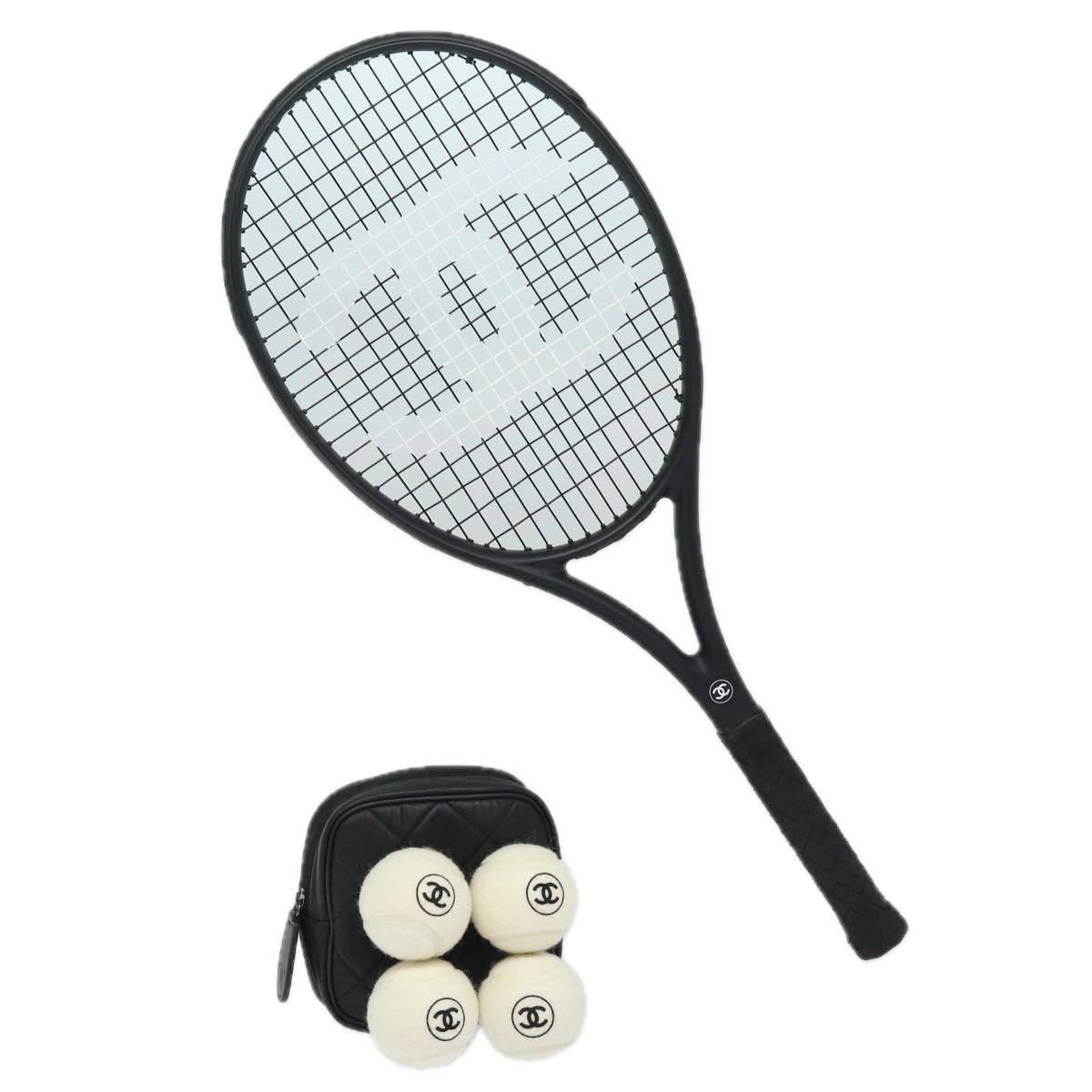 CHANEL Tennis Racket And Ball Set Leather Black White CC Auth bs15099A