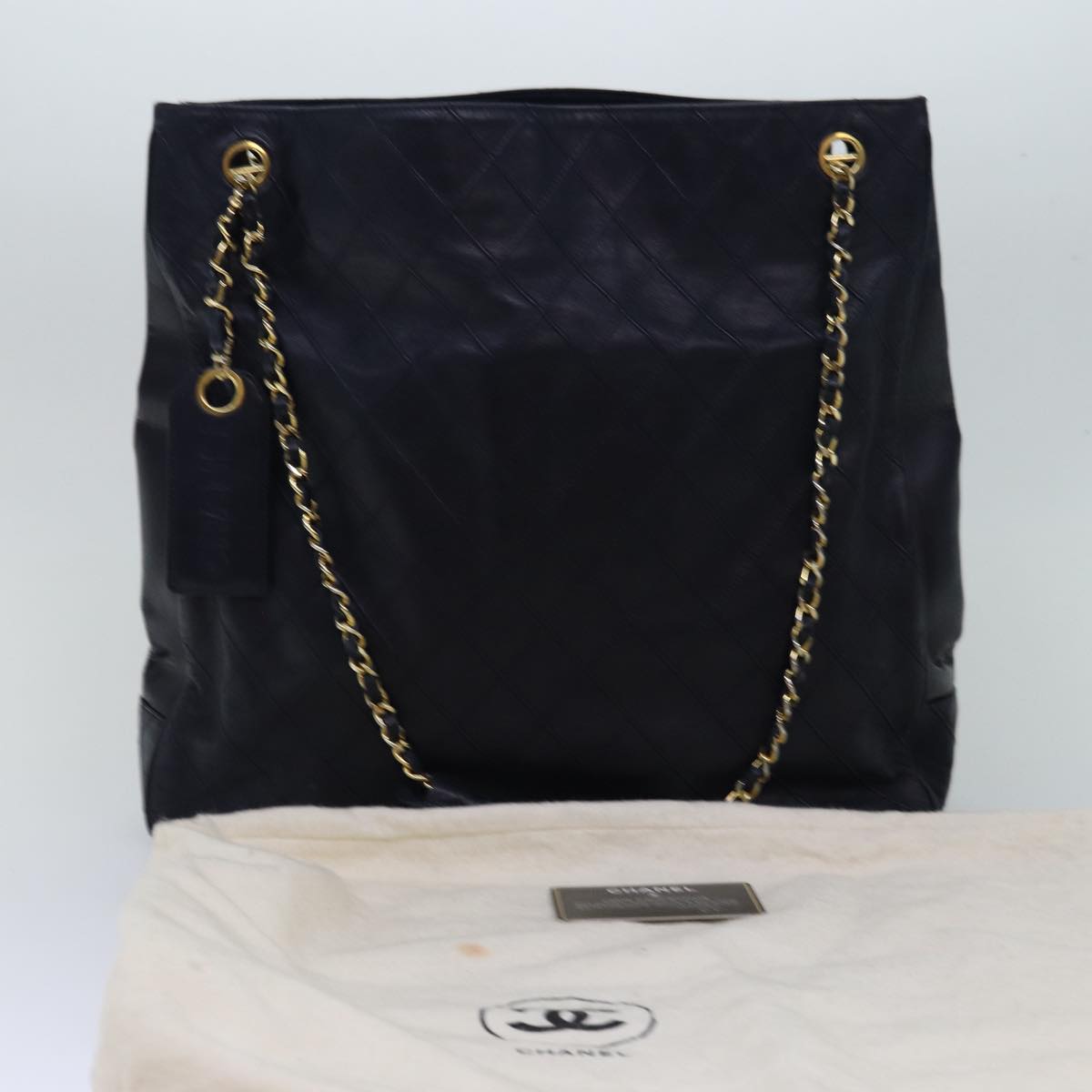 CHANEL Bicolore Chain Shoulder Bag Lamb Skin Navy CC Auth bs15105