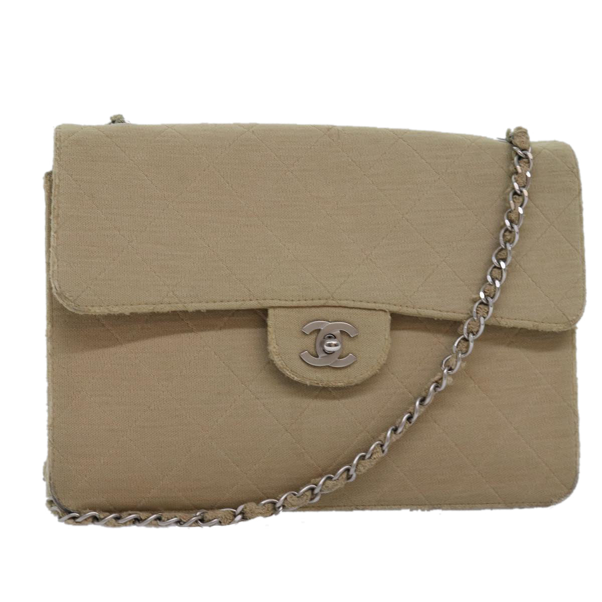 CHANEL Matelasse Turn Lock Chain Shoulder Bag Cotton Beige CC Auth bs15107