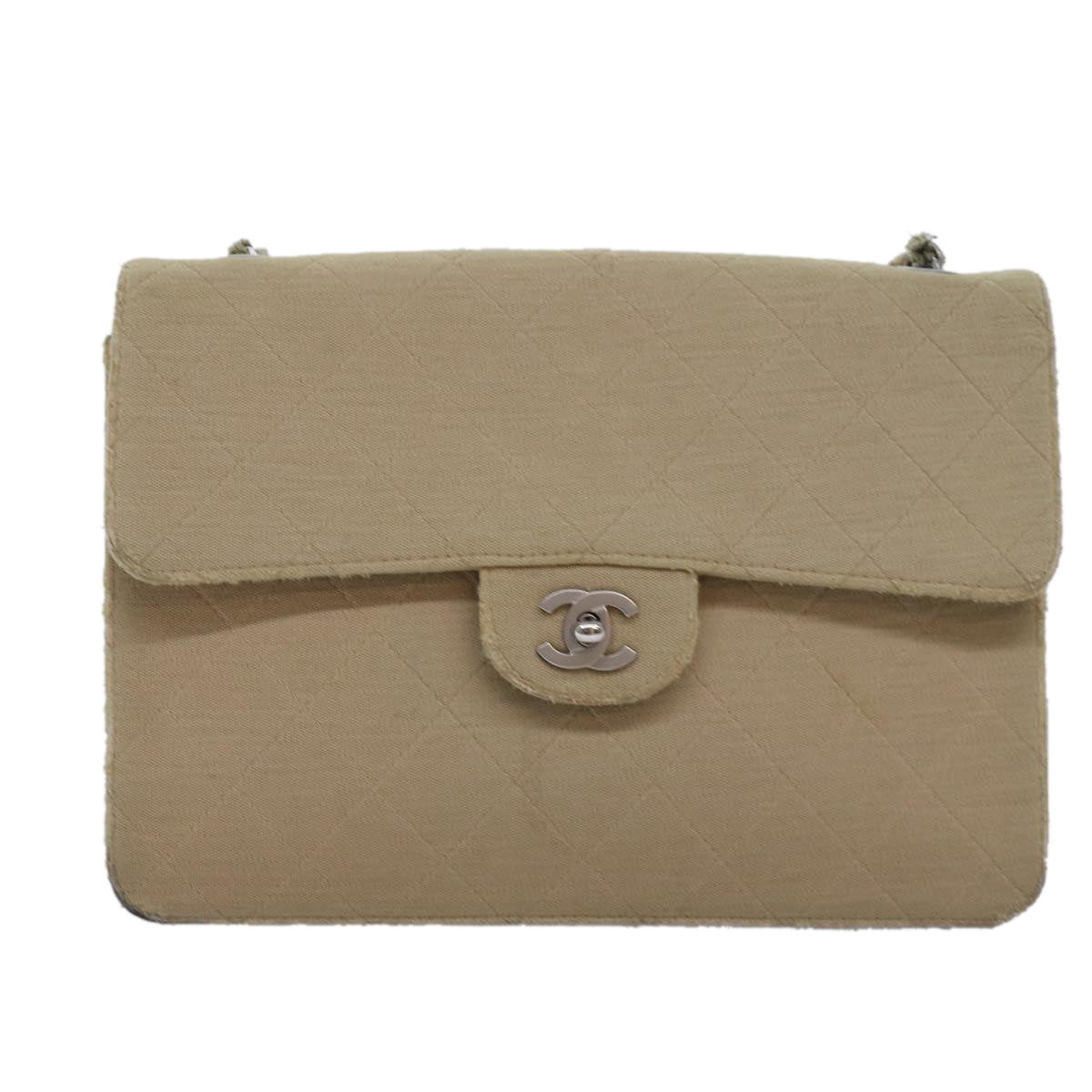 CHANEL Matelasse Turn Lock Chain Shoulder Bag Cotton Beige CC Auth bs15107