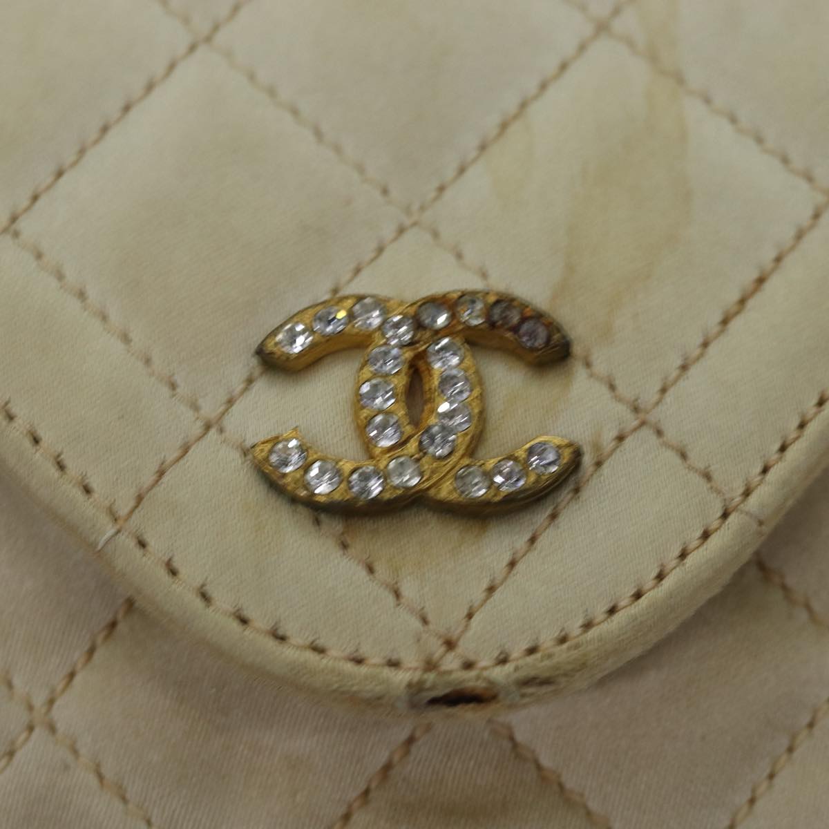 CHANEL Matelasse Chain Shoulder Bag Satin Beige CC Auth bs15109