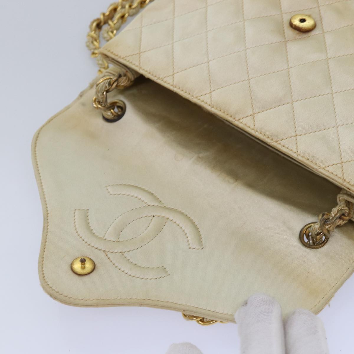 CHANEL Matelasse Chain Shoulder Bag Satin Beige CC Auth bs15109