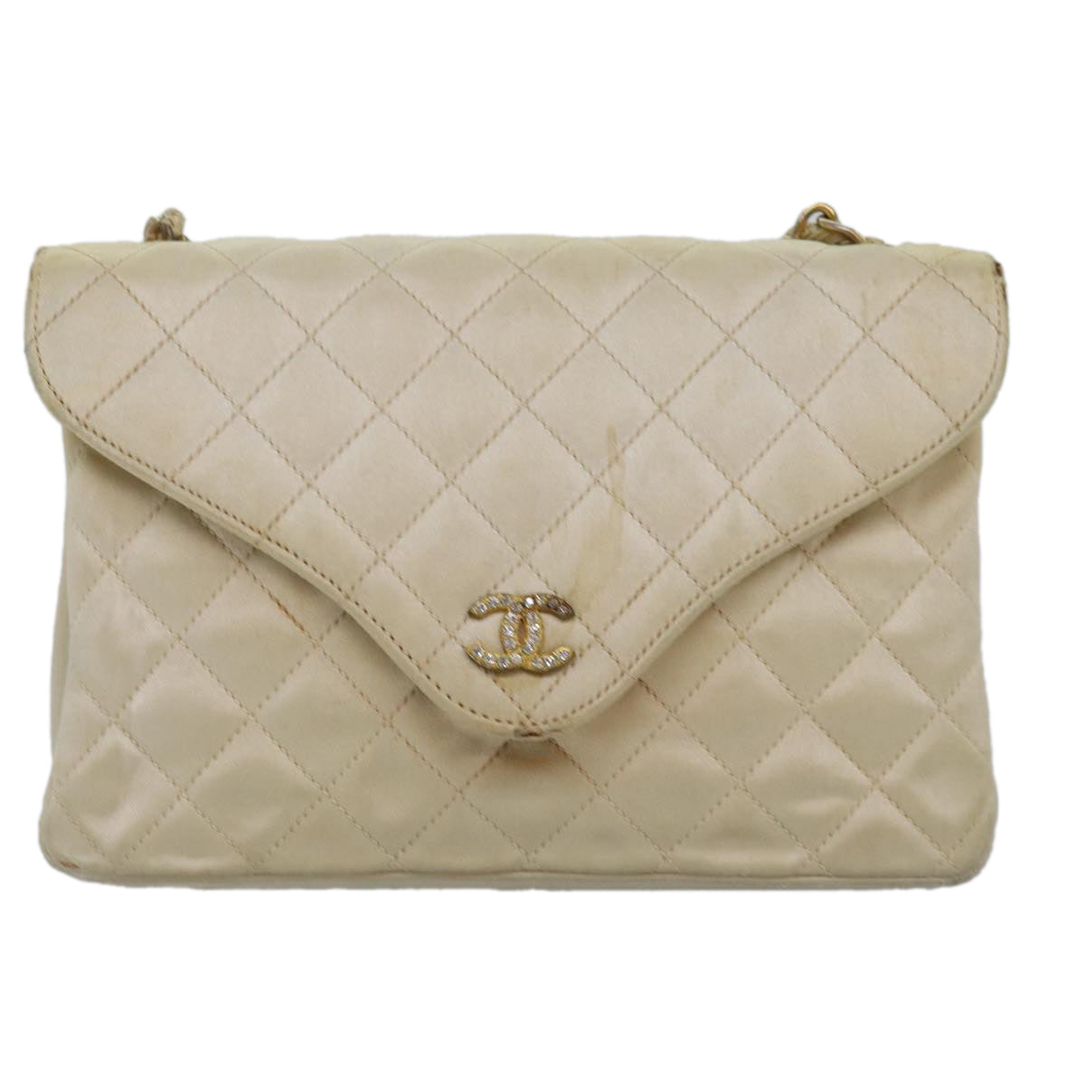 CHANEL Matelasse Chain Shoulder Bag Satin Beige CC Auth bs15109