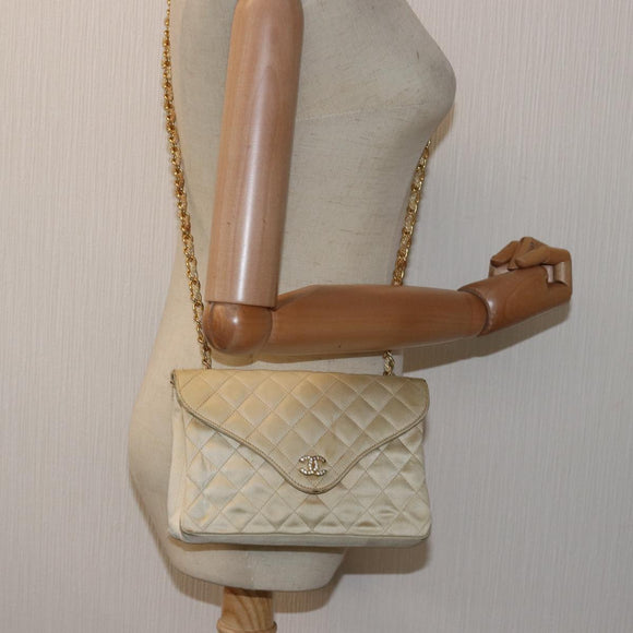 CHANEL Matelasse Chain Shoulder Bag Satin Beige CC Auth bs15109