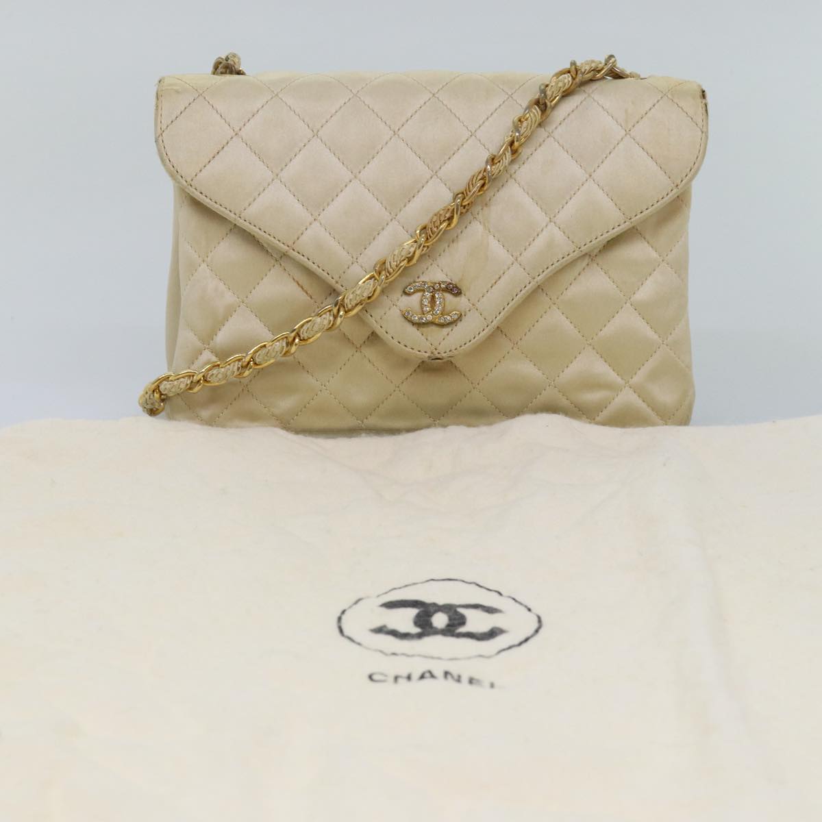 CHANEL Matelasse Chain Shoulder Bag Satin Beige CC Auth bs15109