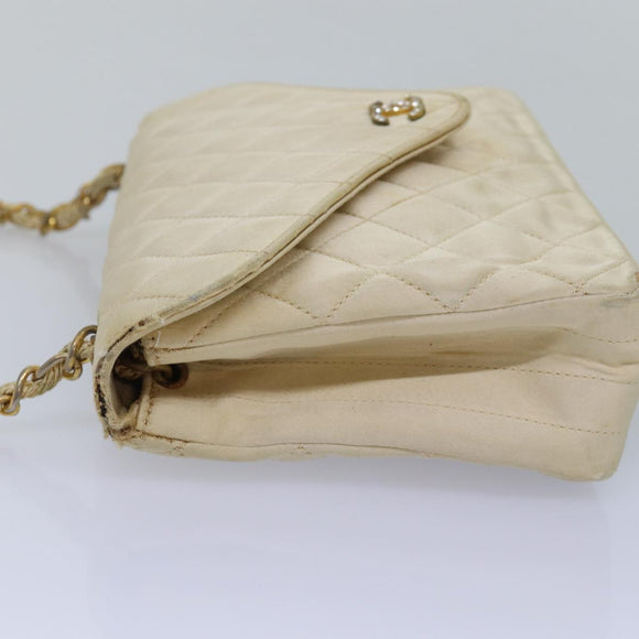 CHANEL Matelasse Chain Shoulder Bag Satin Beige CC Auth bs15109