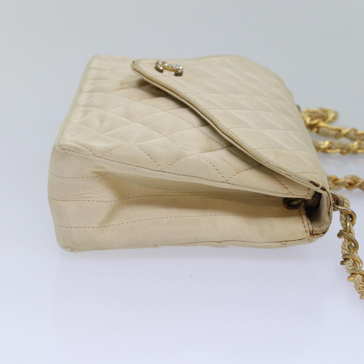 CHANEL Matelasse Chain Shoulder Bag Satin Beige CC Auth bs15109