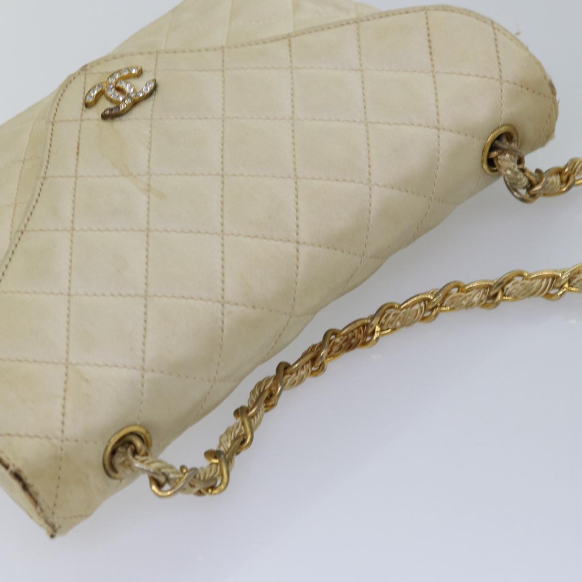 CHANEL Matelasse Chain Shoulder Bag Satin Beige CC Auth bs15109