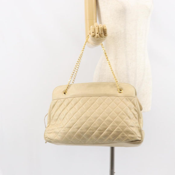 CHANEL Matelasse Chain Shoulder Bag Lamb Skin Beige CC Auth bs15118