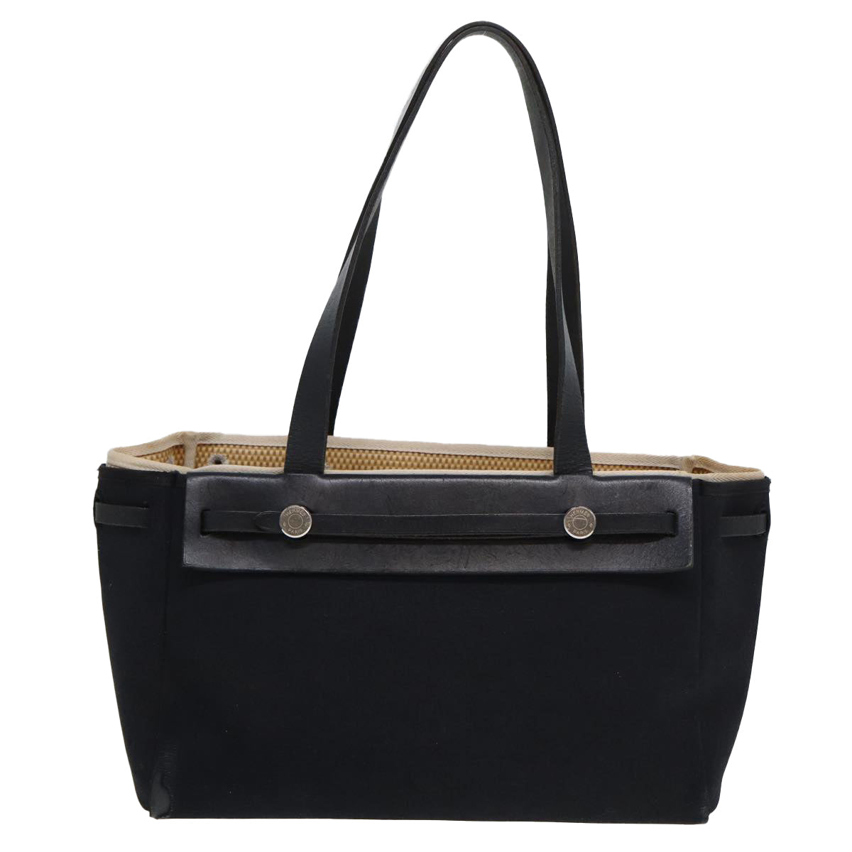 HERMES Her bag Cabas PM Hand Bag Canvas Black Auth bs15126