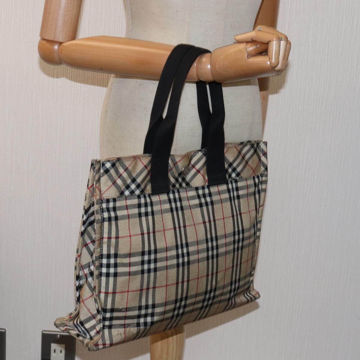 BURBERRY Nova Check Blue Label Hand Bag Nylon Beige Auth bs15174