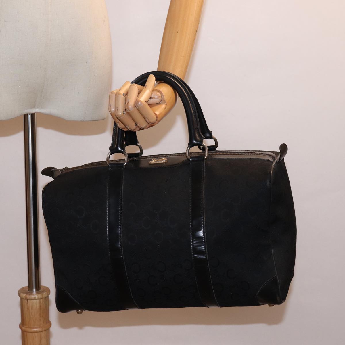 CELINE C Macadam Canvas Boston Bag Black Auth bs15198