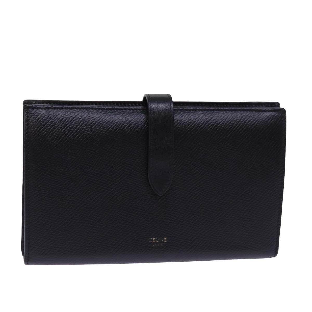 CELINE Large Strap Wallet Leather Black Auth bs15228