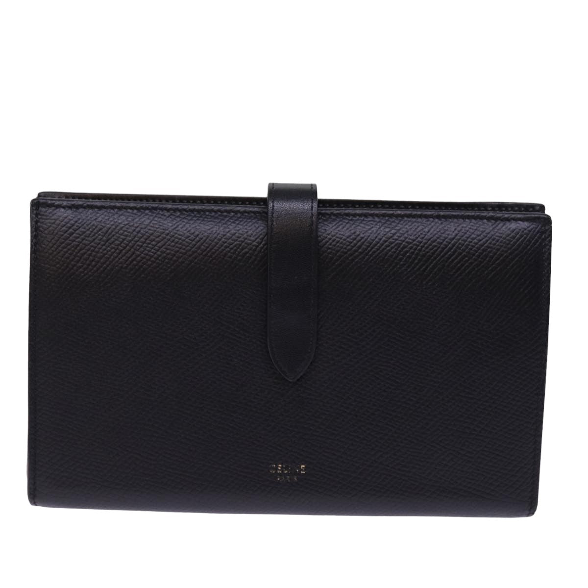 CELINE Large Strap Wallet Leather Black Auth bs15228