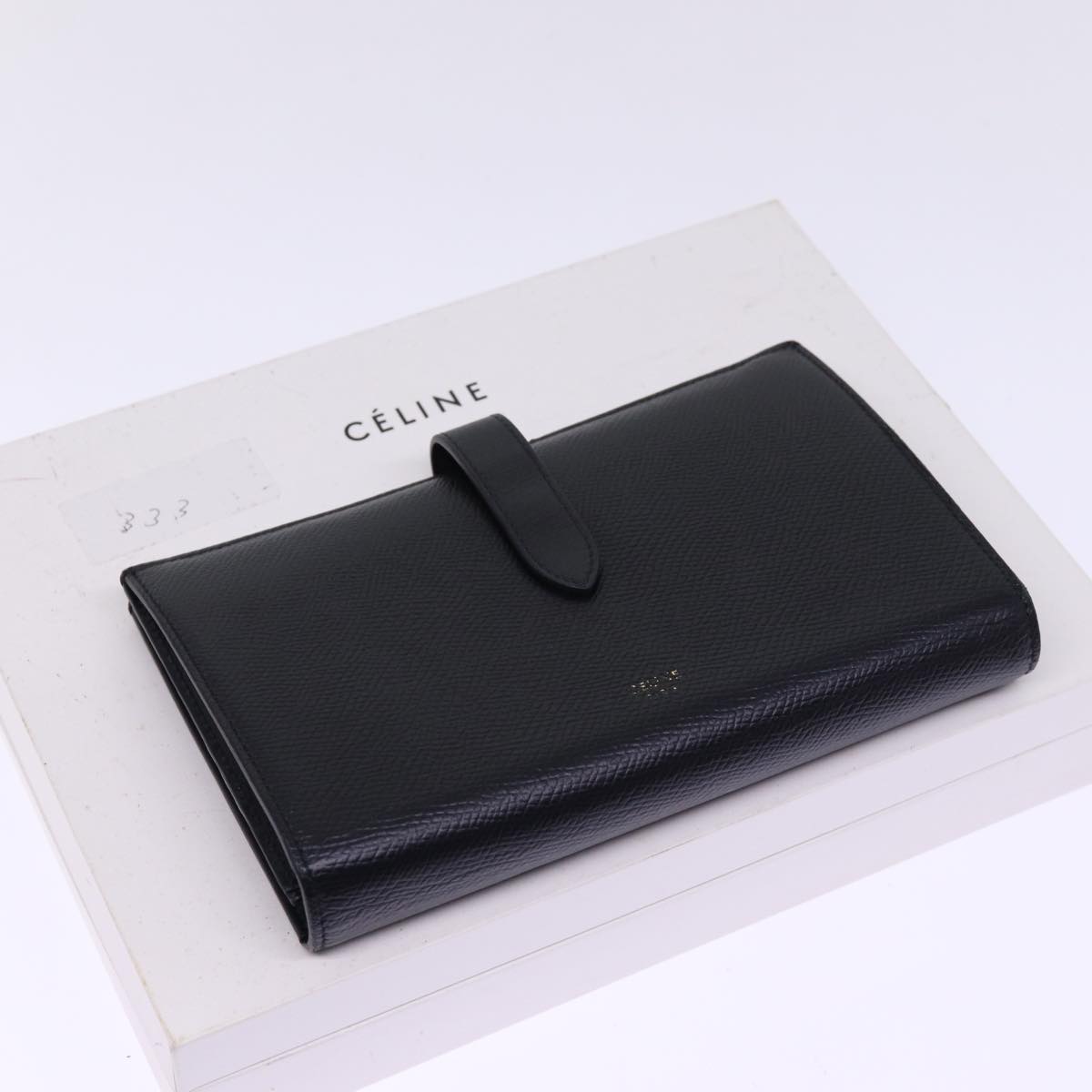 CELINE Large Strap Wallet Leather Black Auth bs15228