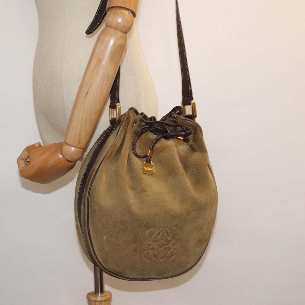 LOEWE Anagram Shoulder Bag Suede Khaki Brown Auth bs15239