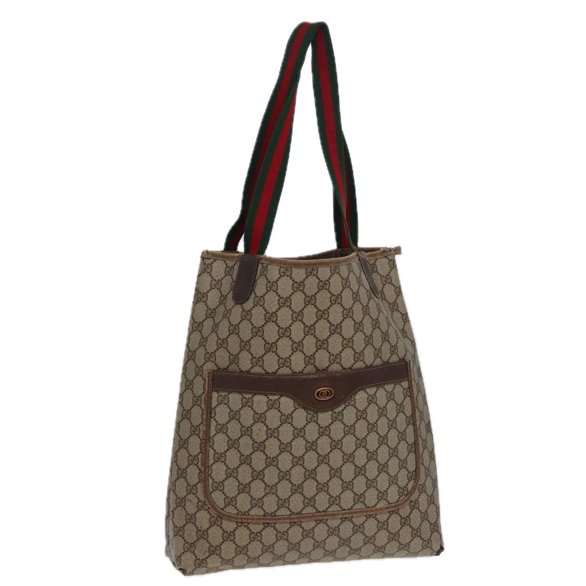 GUCCI GG Canvas Web Sherry Line Tote Bag PVC Leather Brown Auth bs15255