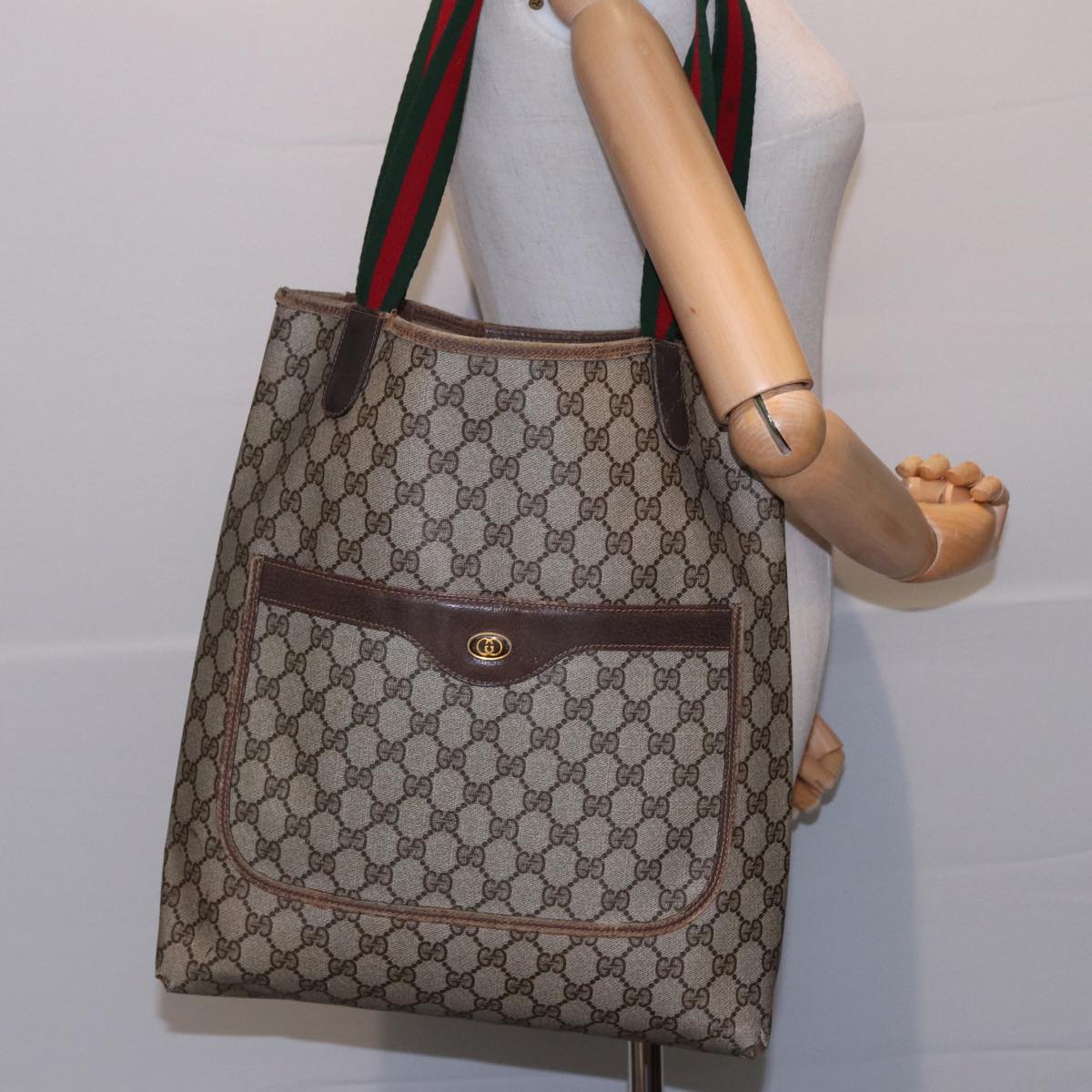 GUCCI GG Canvas Web Sherry Line Tote Bag PVC Leather Brown Auth bs15255