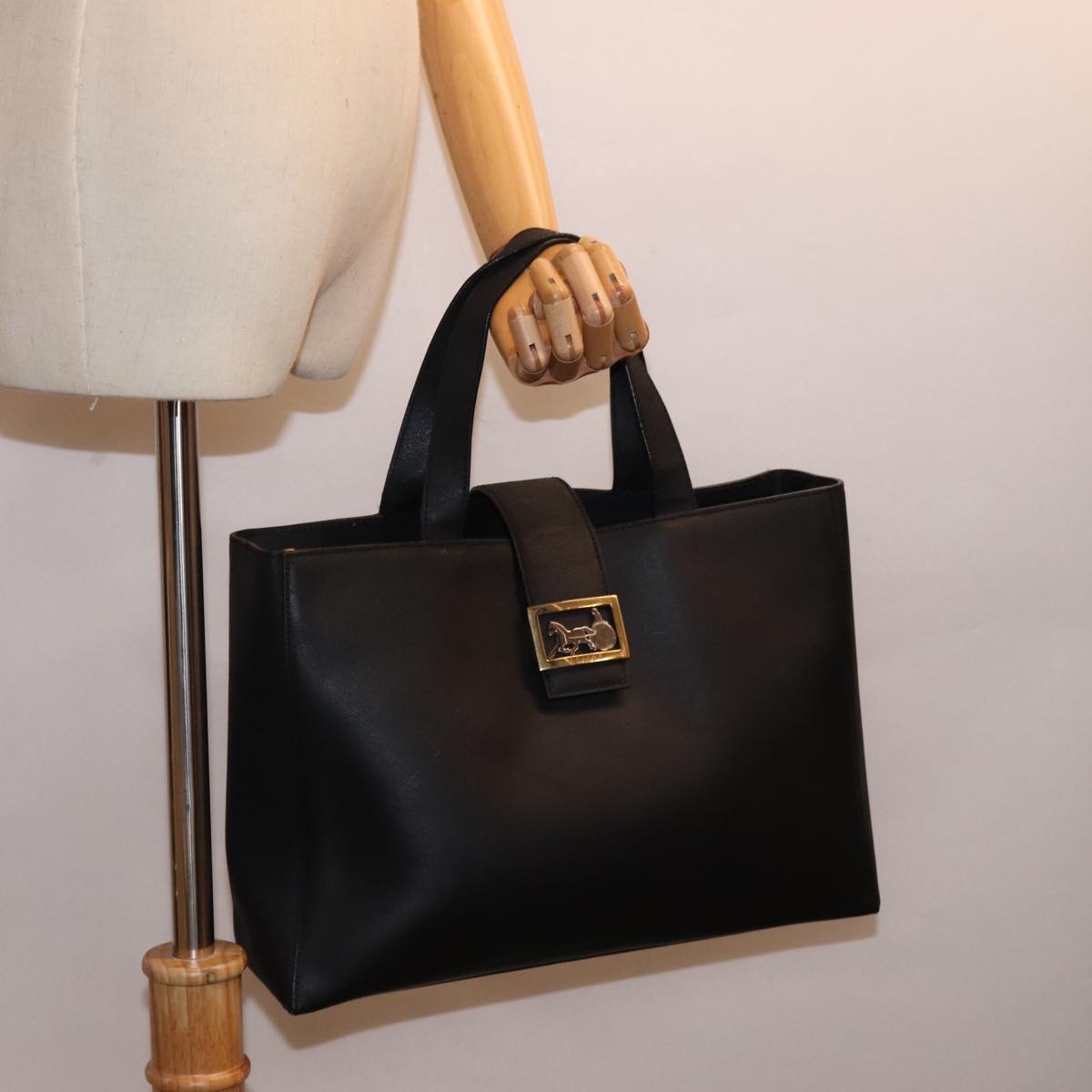 CELINE Hand Bag Leather Black Auth bs15278